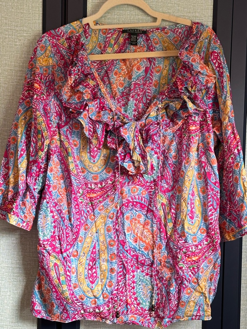 Ralph Lauren Multicolor Paisley Ruffle Flounce Neckline 3/4 Sleeve Blouse, Sz 1X